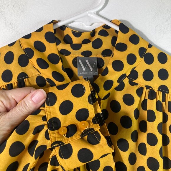 Womens Worthington V Neck Tie Polka Dot Blouse Gold Black XL Polyester‎ - Picture 3 of 11